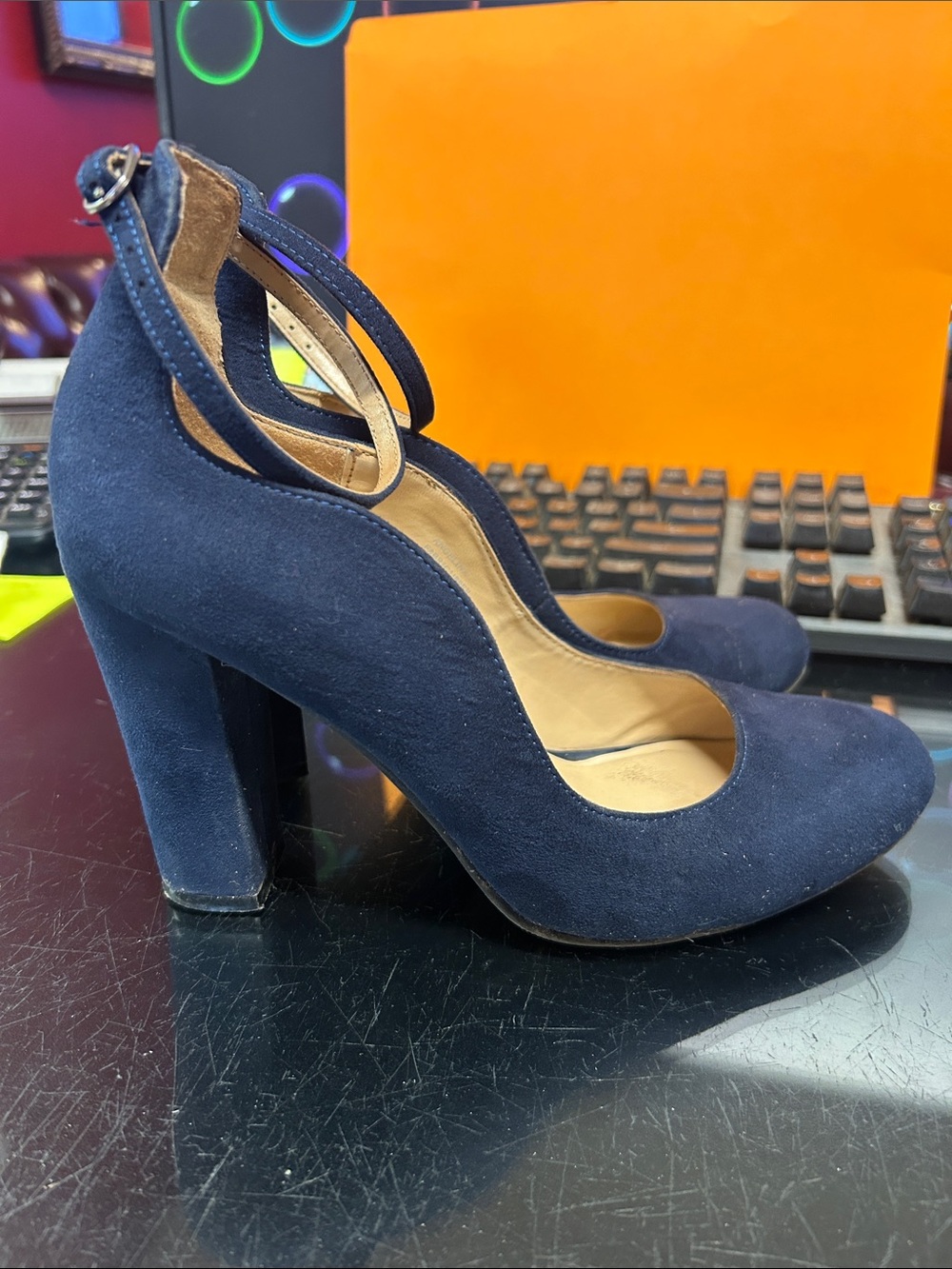 Kaari Blue Navy Suede Ankle-Strap Block Heel Pumps size 7